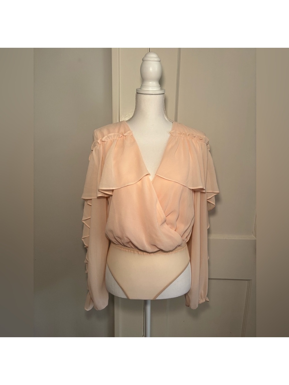 Elegant Blush Ruffle Bodysuit Blouse